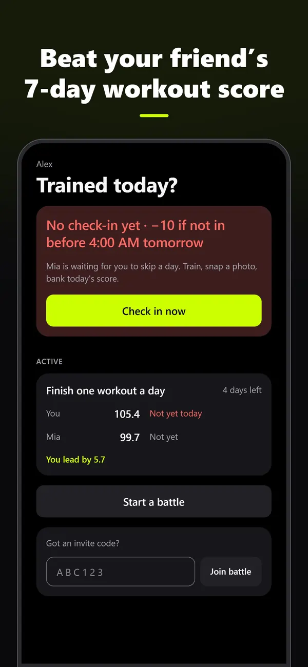Battles tab: a check-in reminder and an active battle