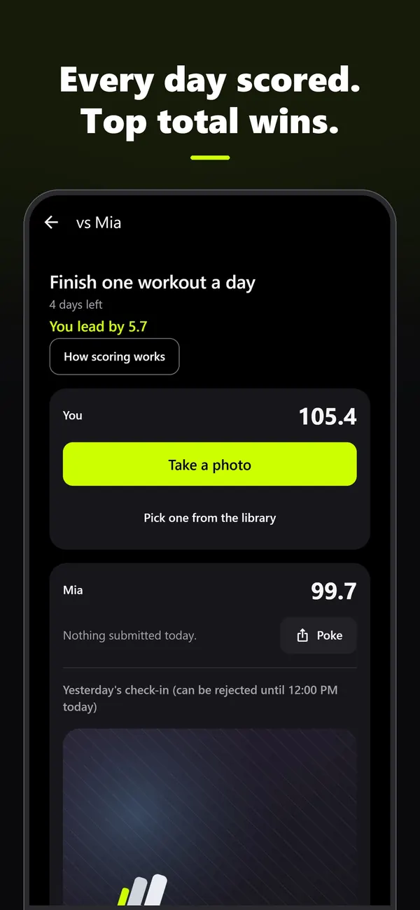 Battle screen: both scores and photo check-in