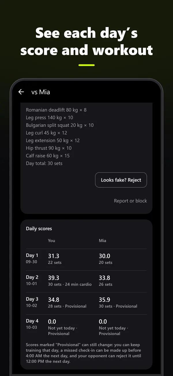 Battle screen: daily scores and check-in history