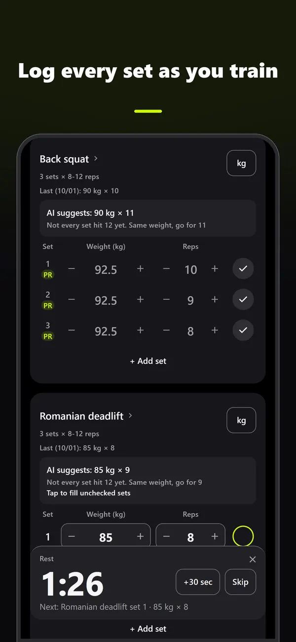 Workout: logging sets with an AI weight suggestion and rest timer